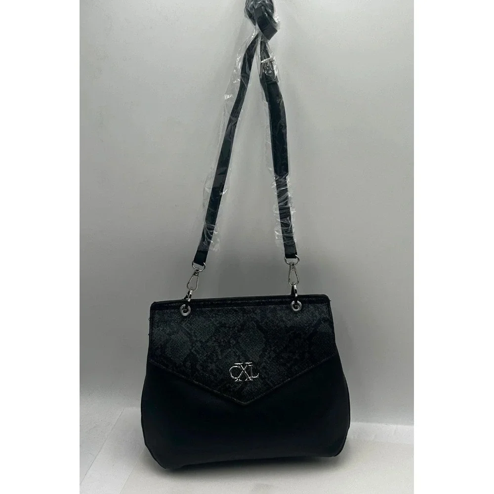 CXL by Christian Lacroix Black Faux Leather Python Embossed Satchel Handbag NWT